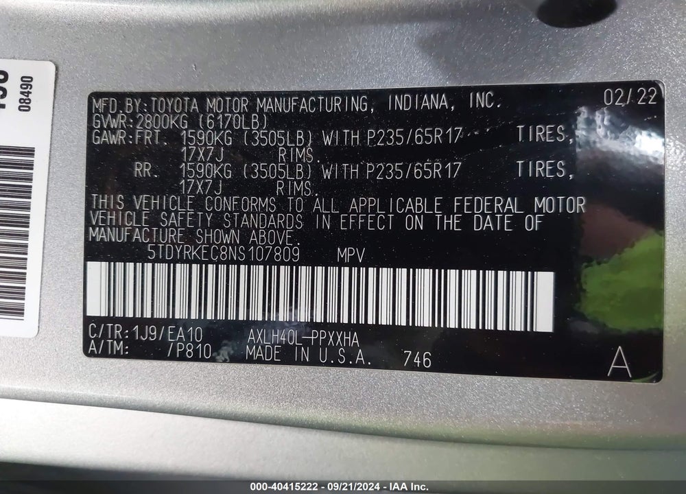 2022 TOYOTA SIENNA XLE VIN: 5TDYRKEC8NS107809