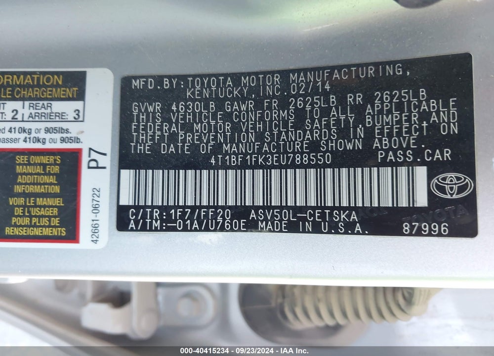 2014 TOYOTA CAMRY SE VIN: 4T1BF1FK3EU788550