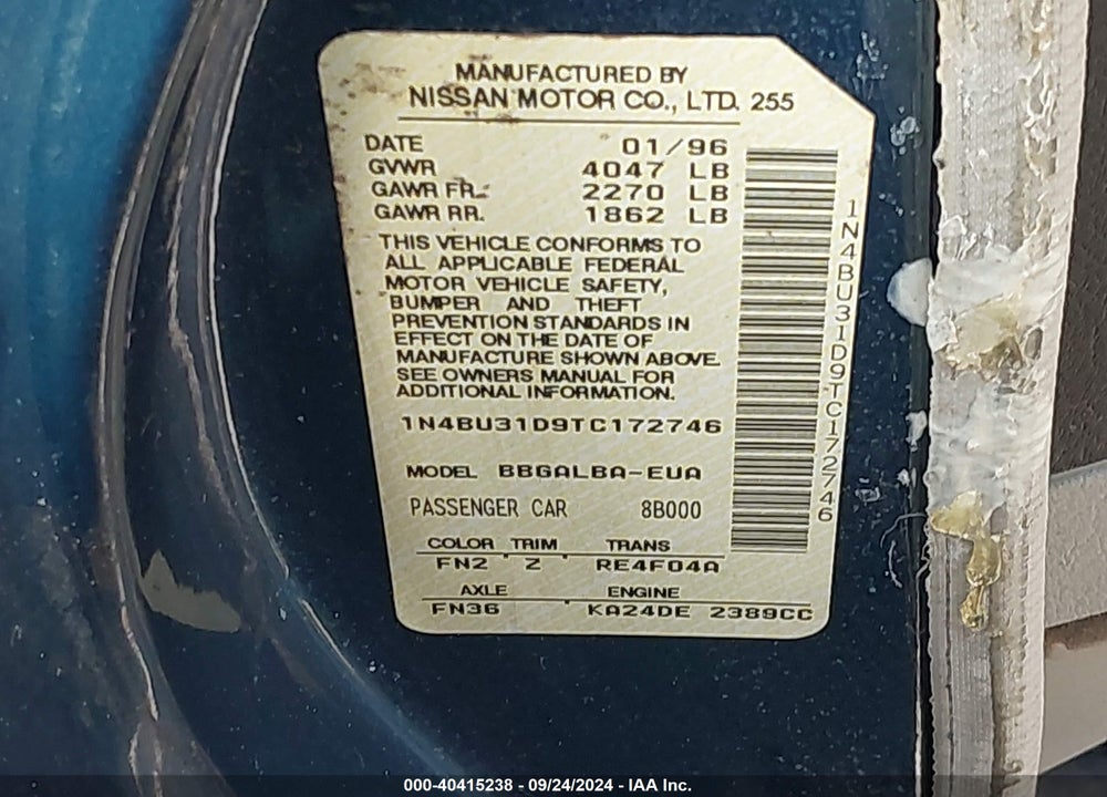 1996 NISSAN ALTIMA XE/GXE/SE/GLE VIN: 1N4BU31D9TC172746