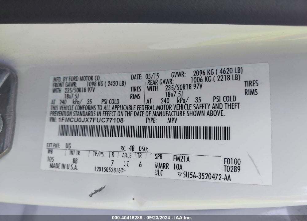 2015 FORD ESCAPE TITANIUM VIN: 1FMCU0JX7FUC77108