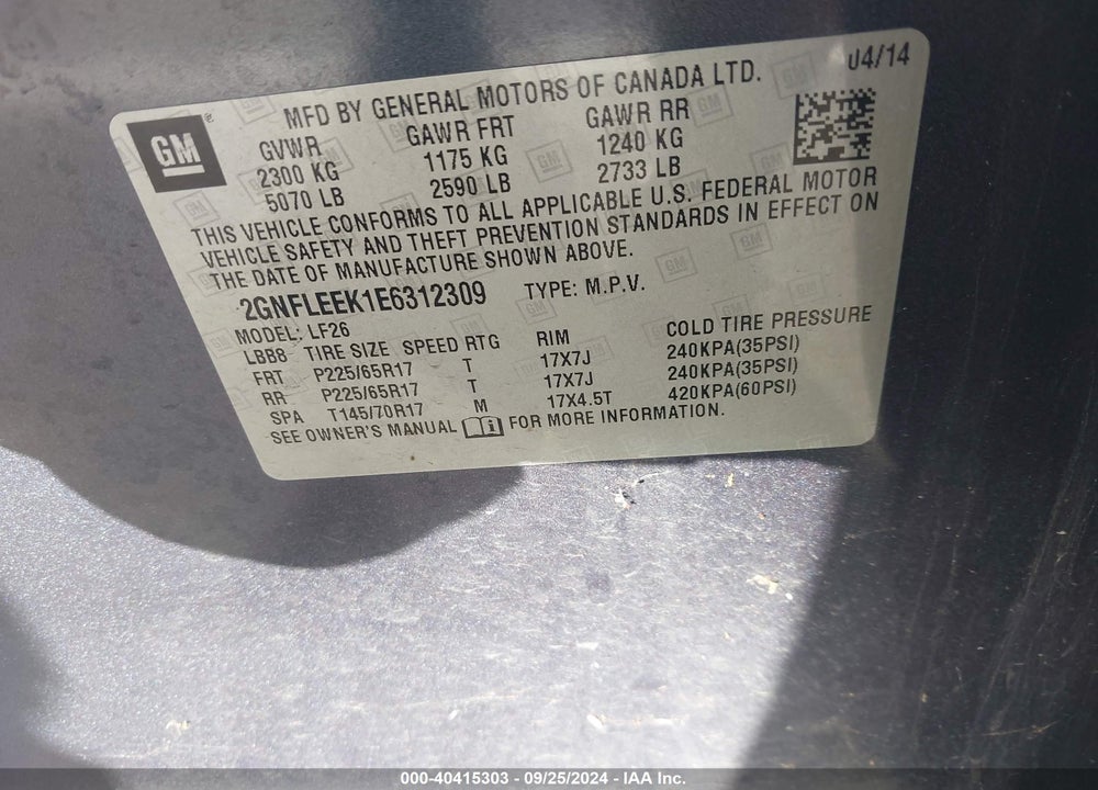 2014 CHEVROLET EQUINOX LS VIN: 2GNFLEEK1E6312309