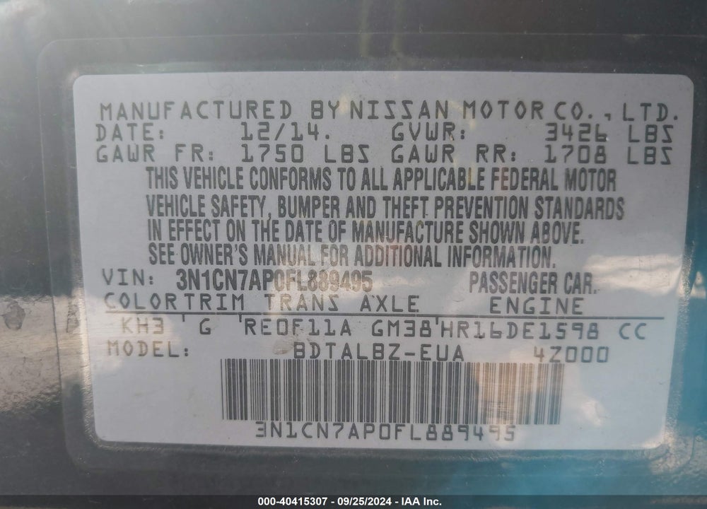 2015 NISSAN VERSA 1.6 S/1.6 S+/1.6 SL/1.6 SV VIN: 3N1CN7AP0FL889495