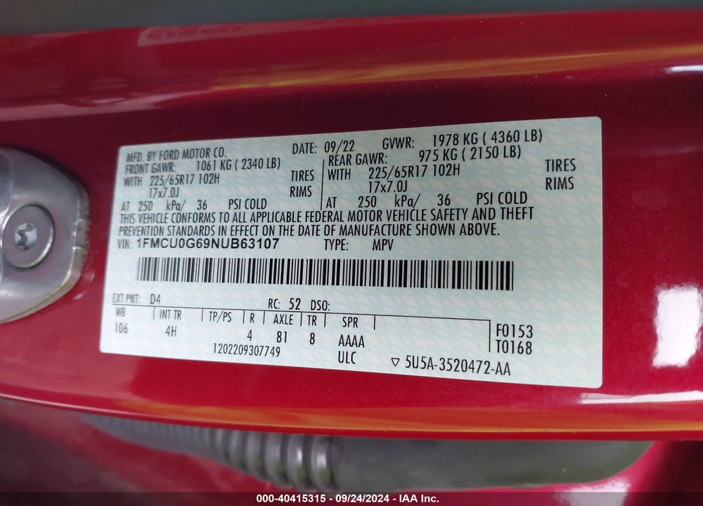 2022 FORD ESCAPE SE VIN: 1FMCU0G69NUB63107