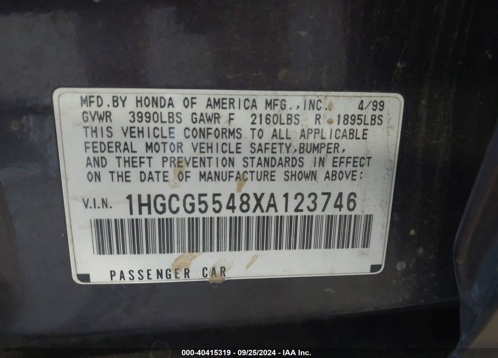 1999 HONDA ACCORD VIN: 1HGCG5548XA123746