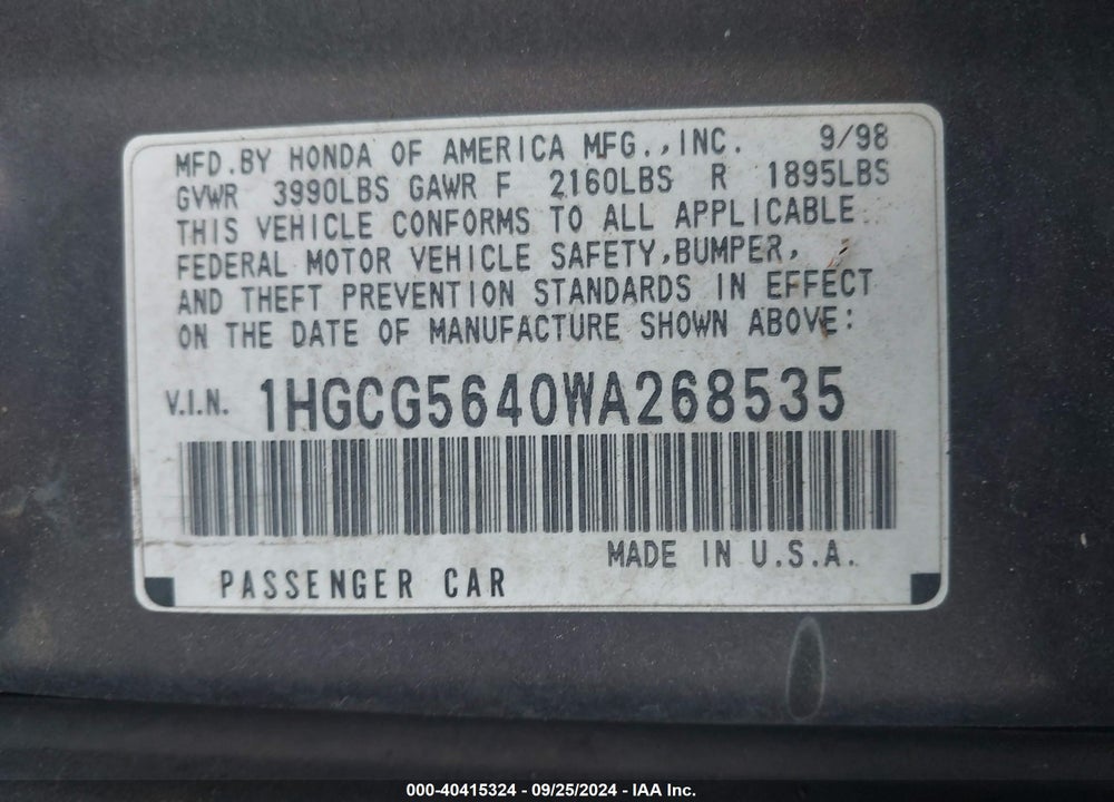 1998 HONDA ACCORD LX VIN: 1HGCG5640WA268535