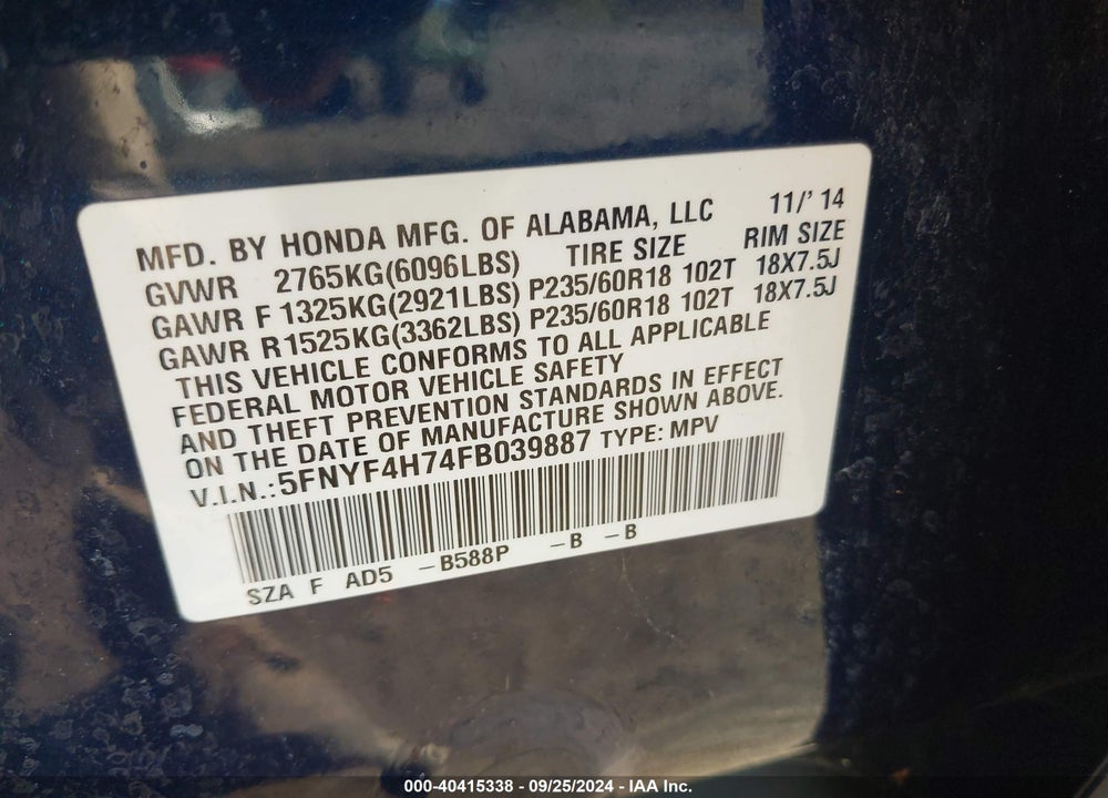 2015 HONDA PILOT EX-L VIN: 5FNYF4H74FB039887
