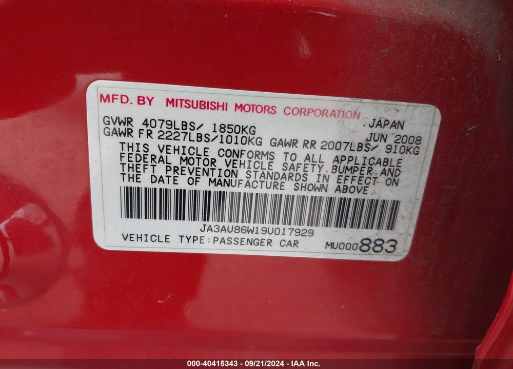 2009 MITSUBISHI LANCER GTS VIN: JA3AU86W19U017929