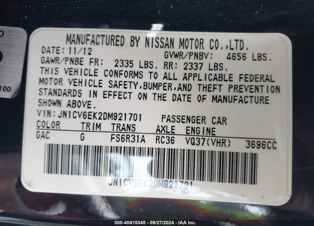 2013 INFINITI IPL G VIN: JN1CV6EK2DM921701