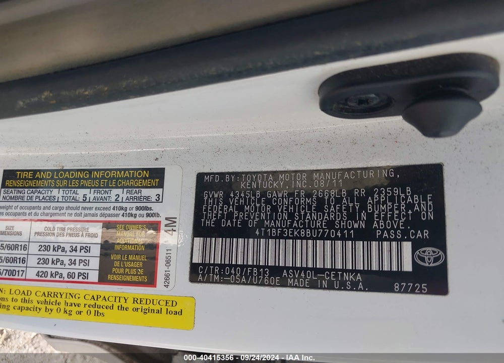 2011 TOYOTA CAMRY LE VIN: 4T1BF3EK8BU770411