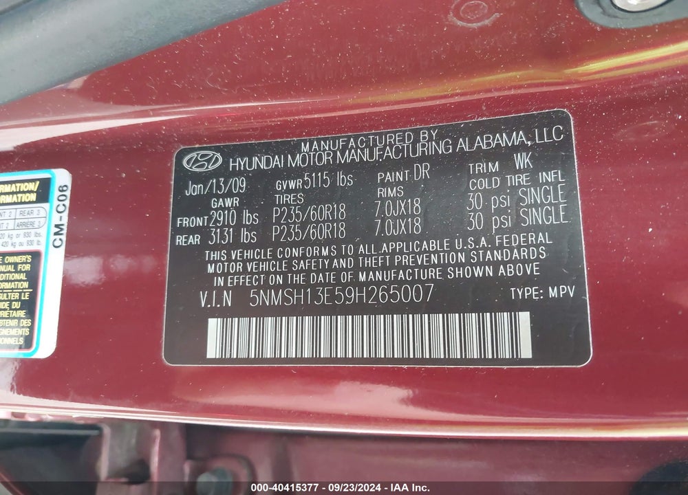 2009 HYUNDAI SANTA FE LIMITED VIN: 5NMSH13E59H265007