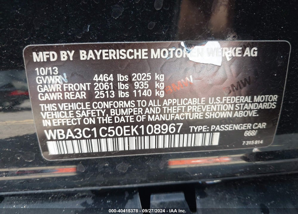 2014 BMW 328I VIN: WBA3C1C50EK108967