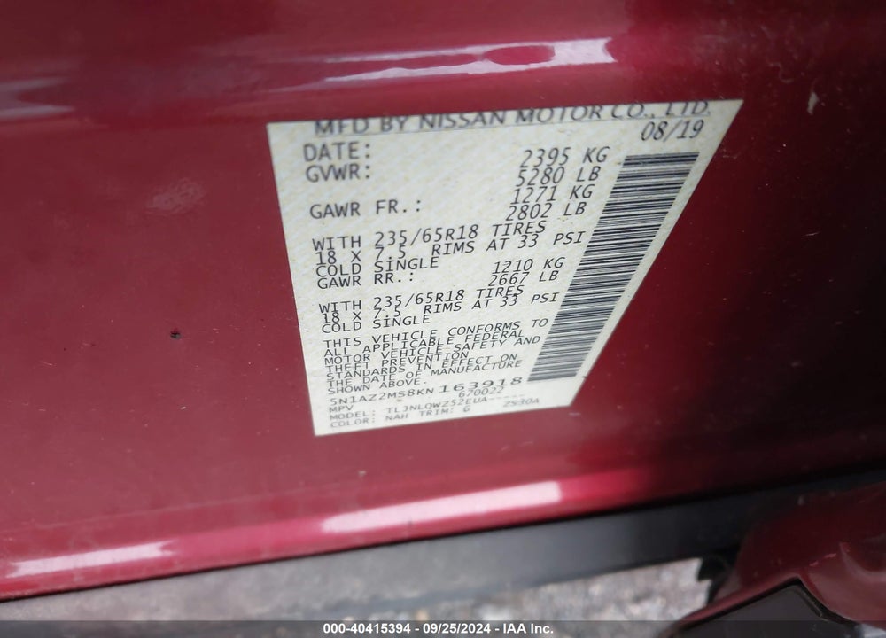 2019 NISSAN MURANO SV VIN: 5N1AZ2MS8KN163918
