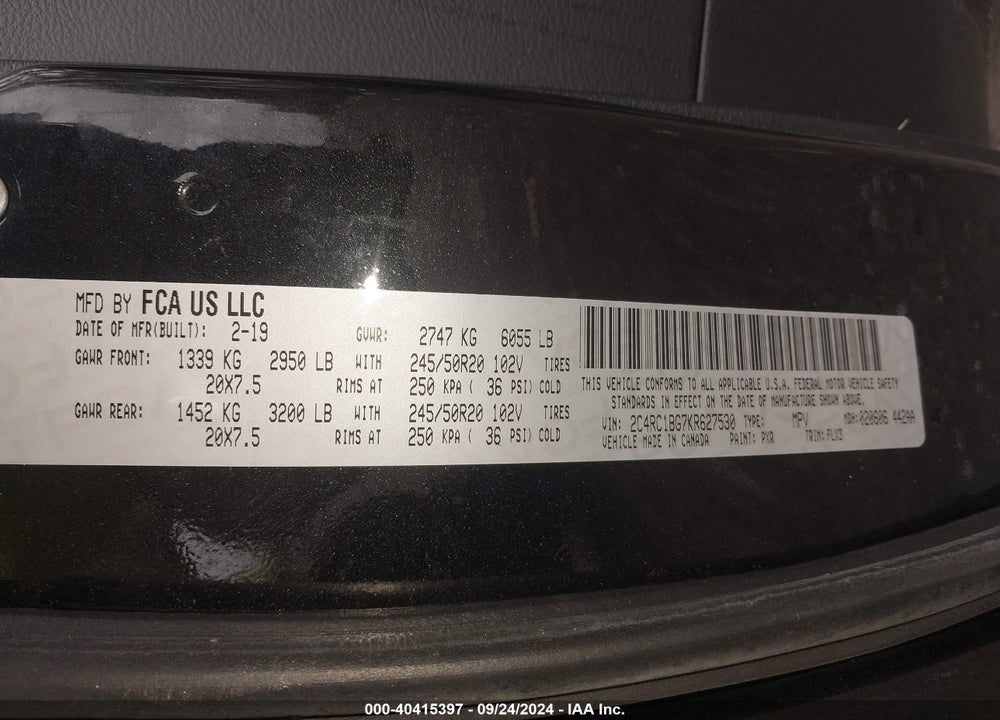 2019 CHRYSLER PACIFICA TOURING L VIN: 2C4RC1BG7KR627530