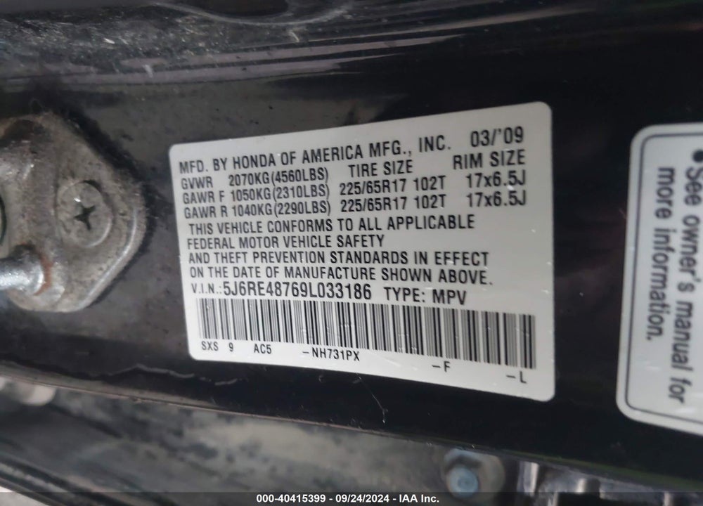 2009 HONDA CR-V EX-L VIN: 5J6RE48769L033186