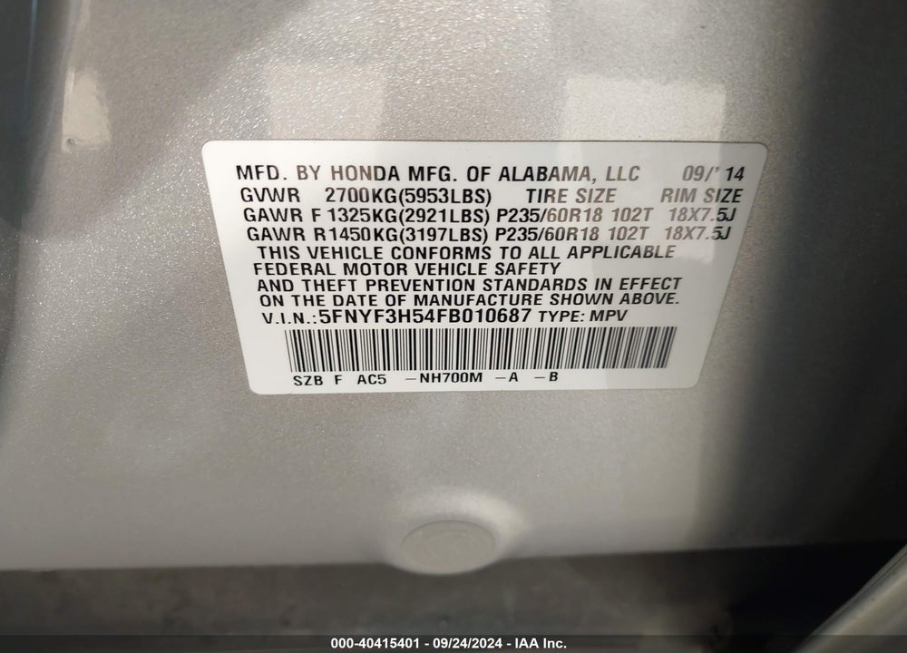 2015 HONDA PILOT EX-L VIN: 5FNYF3H54FB010687