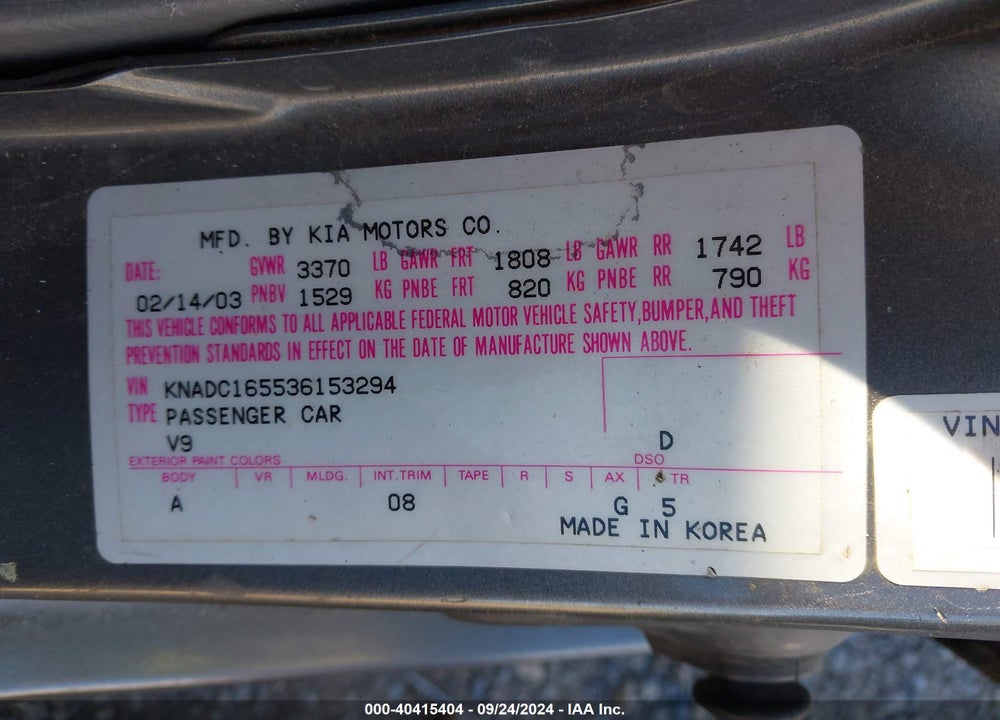 2003 KIA RIO CINCO VIN: KNADC165536153294