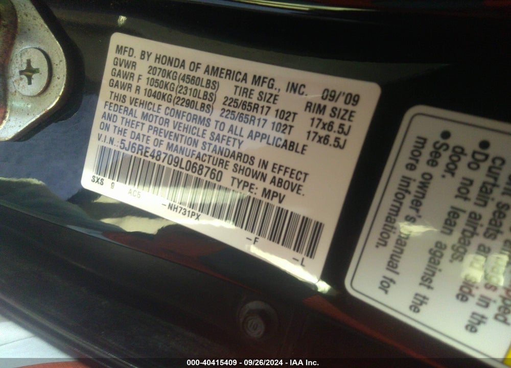 2009 HONDA CR-V EX-L VIN: 5J6RE48709L068760