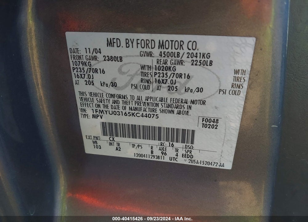 2005 FORD ESCAPE XLT VIN: 1FMYU03165KC44075