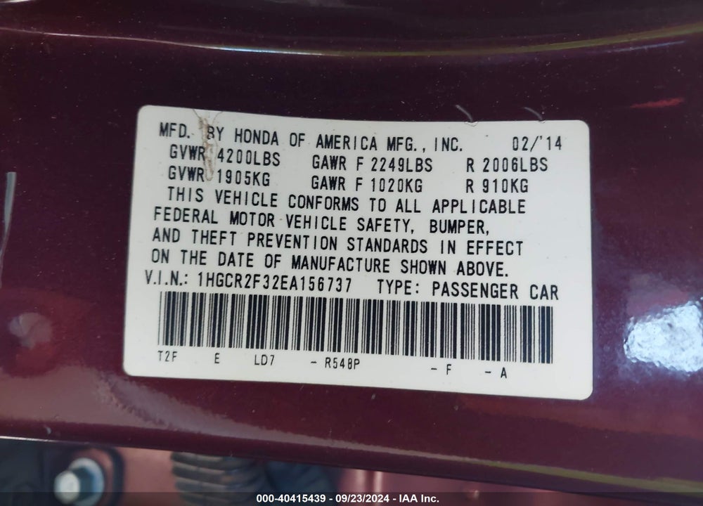 2014 HONDA ACCORD LX VIN: 1HGCR2F32EA156737