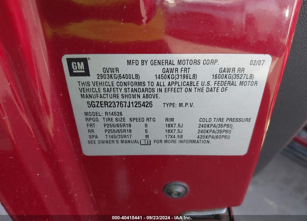 2007 SATURN OUTLOOK XR VIN: 5GZER23767J125426