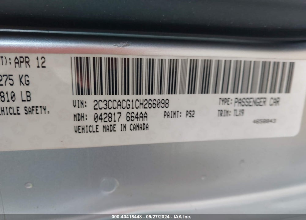 2012 CHRYSLER 300 VIN: 2C3CCACG1CH266098