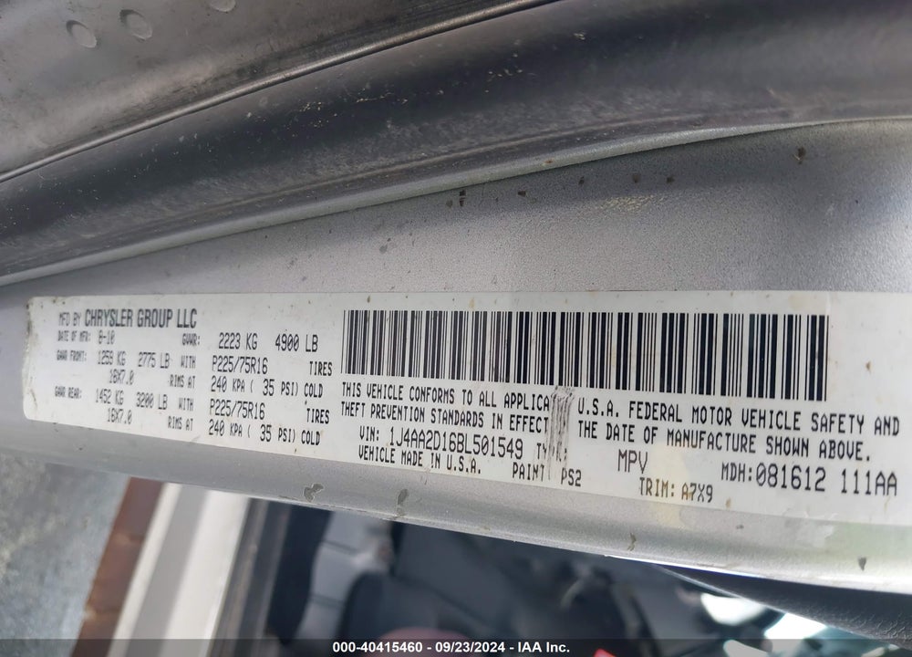 2011 JEEP WRANGLER SPORT VIN: 1J4AA2D16BL501549