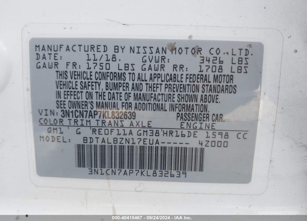2019 NISSAN VERSA 1.6 SV VIN: 3N1CN7AP7KL832639