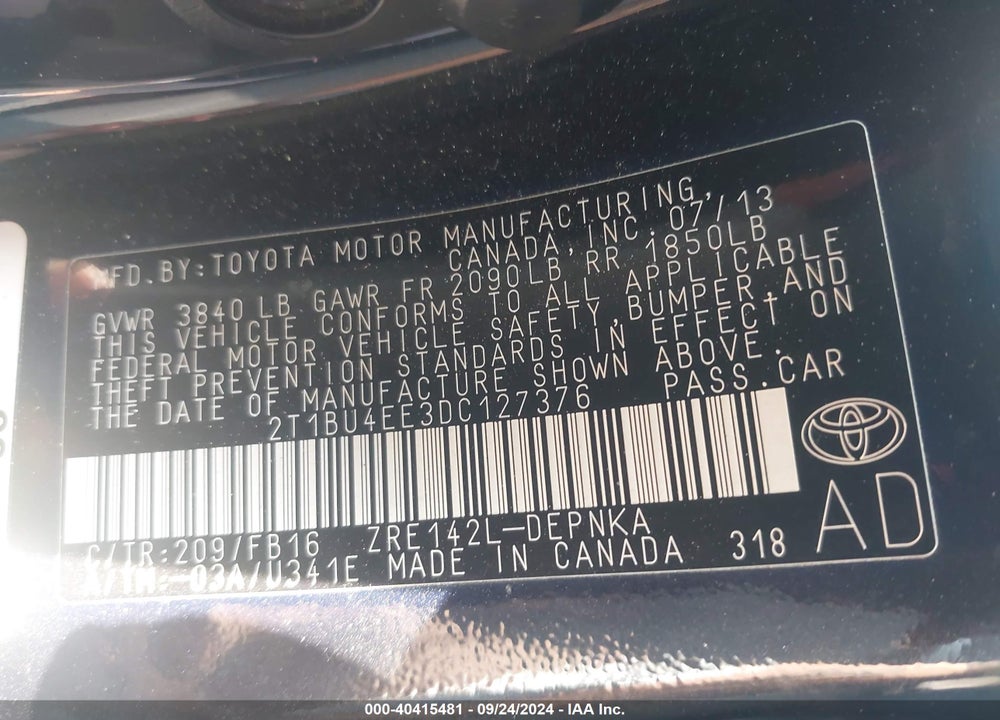 2013 TOYOTA COROLLA LE VIN: 2T1BU4EE3DC127376