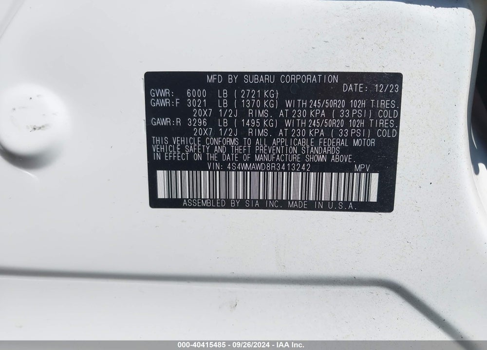 2024 SUBARU ASCENT VIN: 4S4WMAWD8R3413242