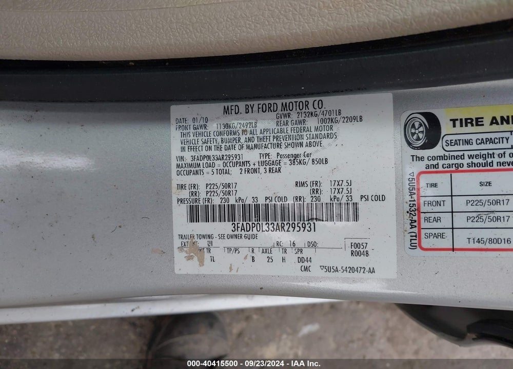 2010 FORD FUSION HYBRID VIN: 3FADP0L33AR295931