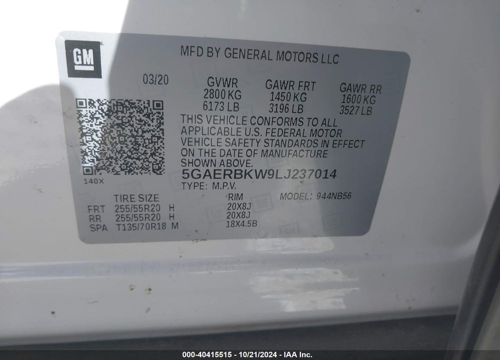 2020 BUICK ENCLAVE FWD ESSENCE VIN: 5GAERBKW9LJ237014
