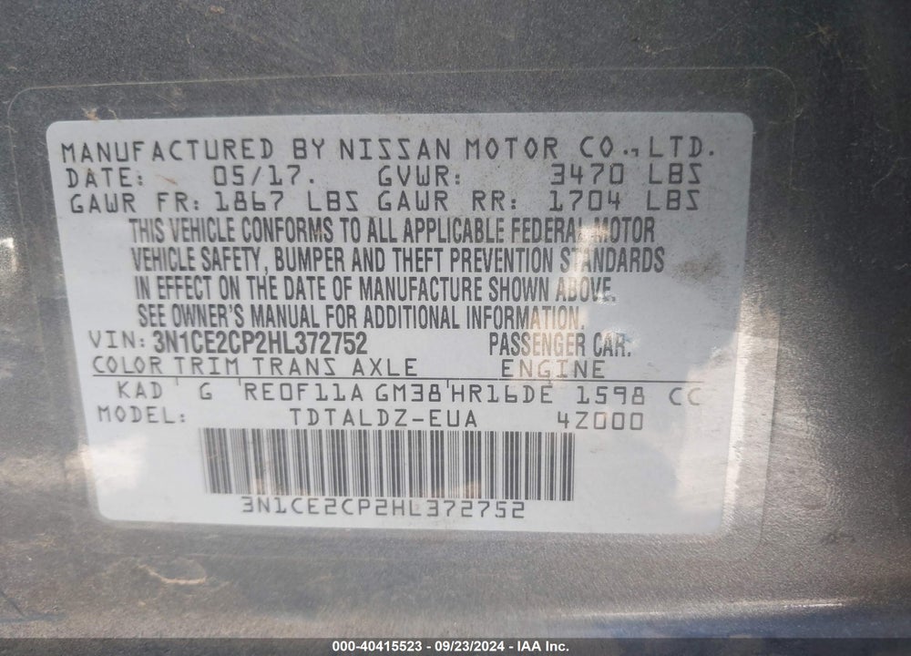 2017 NISSAN VERSA NOTE SV VIN: 3N1CE2CP2HL372752