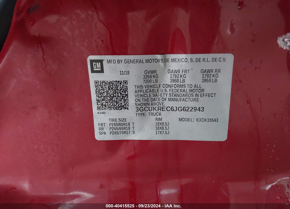 2018 CHEVROLET SILVERADO 1500 2LT VIN: 3GCUKREC6JG622943