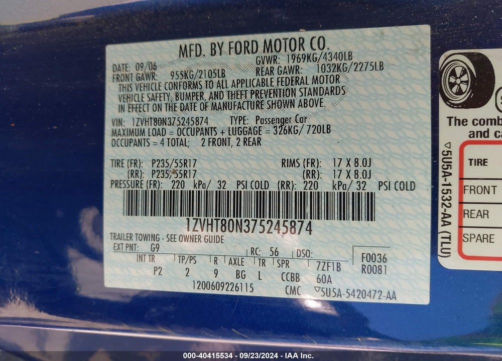 2007 FORD MUSTANG V6 DELUXE/V6 PREMIUM VIN: 1ZVHT80N375245874