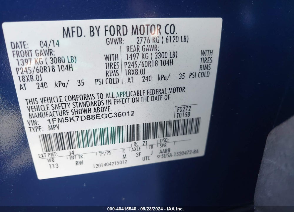 2014 FORD EXPLORER XLT VIN: 1FM5K7D88EGC36012