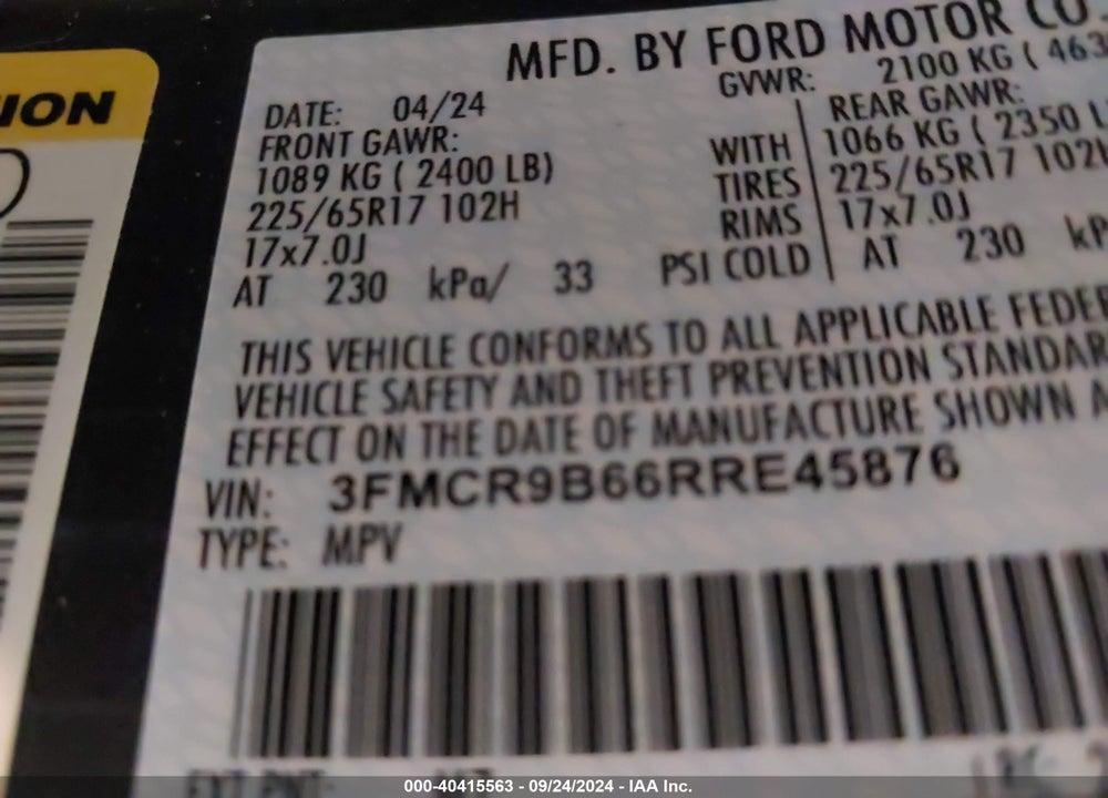 2024 FORD BRONCO SPORT BIG BEND VIN: 3FMCR9B66RRE45876
