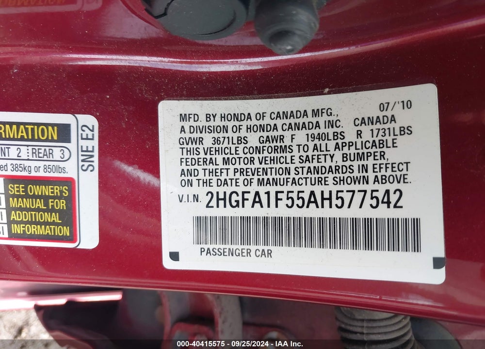 2010 HONDA CIVIC LX VIN: 2HGFA1F55AH577542