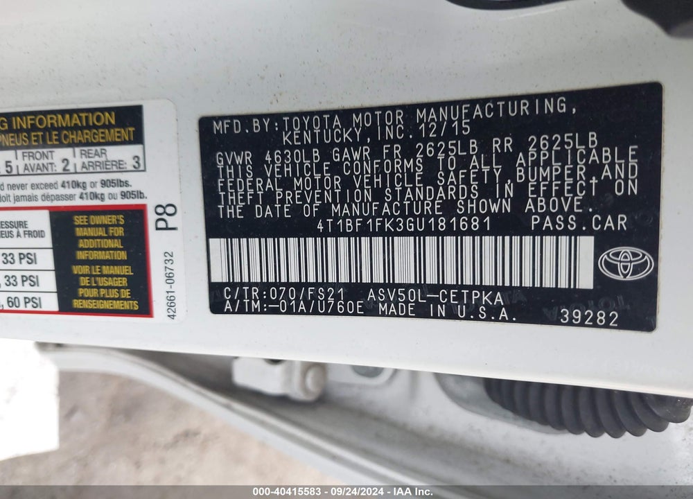 2016 TOYOTA CAMRY SE VIN: 4T1BF1FK3GU181681
