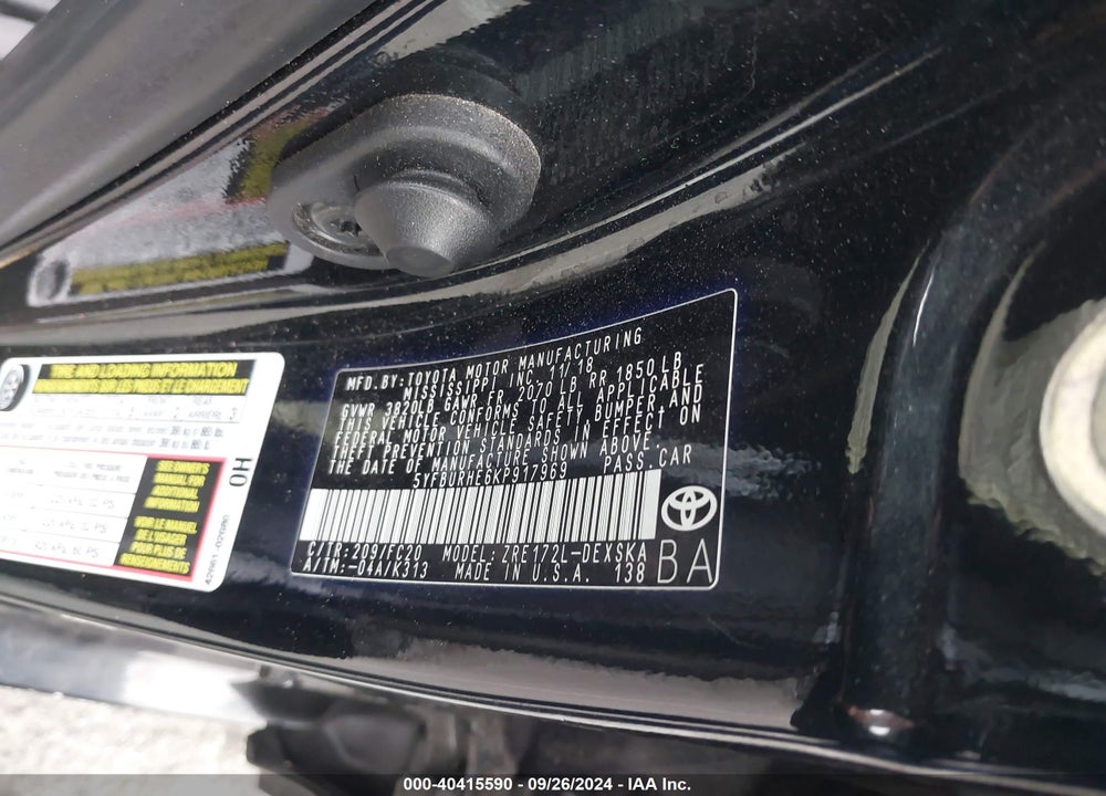2019 TOYOTA COROLLA SE VIN: 5YFBURHE6KP917969
