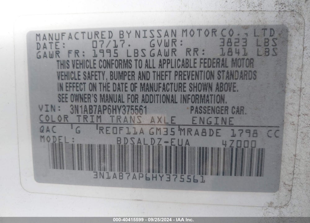 2017 NISSAN SENTRA SV VIN: 3N1AB7AP6HY375561
