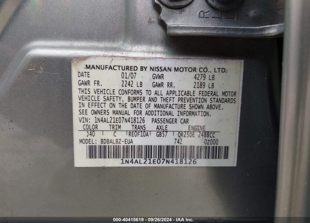 2007 NISSAN ALTIMA 2.5 S VIN: 1N4AL21E07N418126