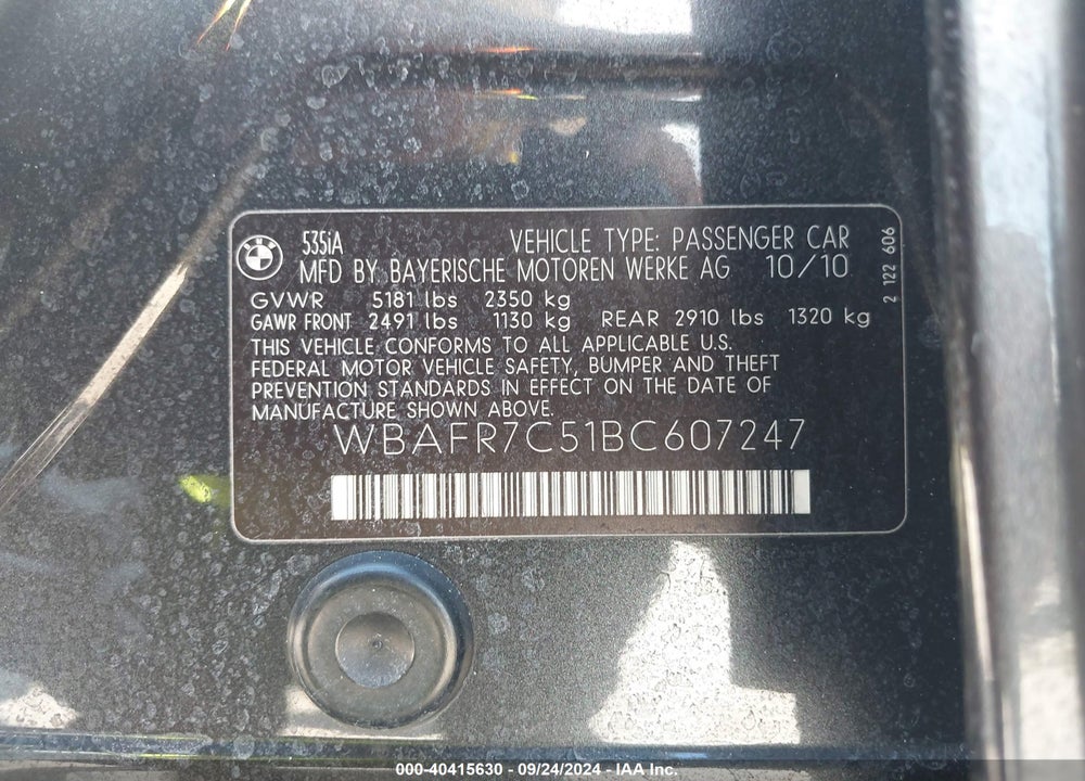 2011 BMW 535I VIN: WBAFR7C51BC607247