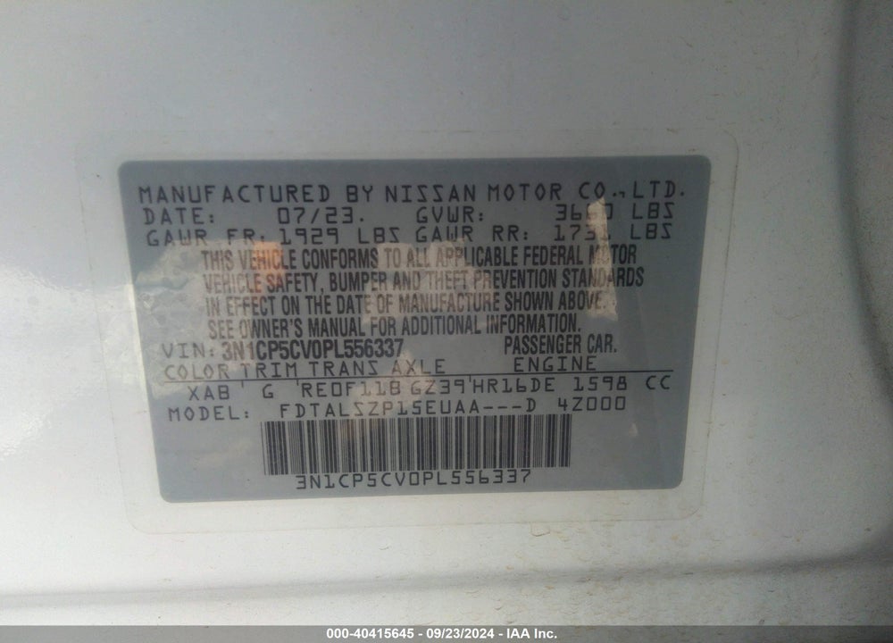 2023 NISSAN KICKS SV XTRONIC CVT VIN: 3N1CP5CV0PL556337