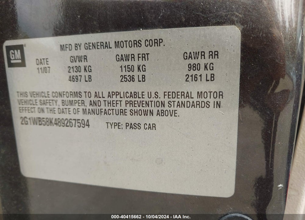 2008 CHEVROLET IMPALA LS VIN: 2G1WB58K489267594