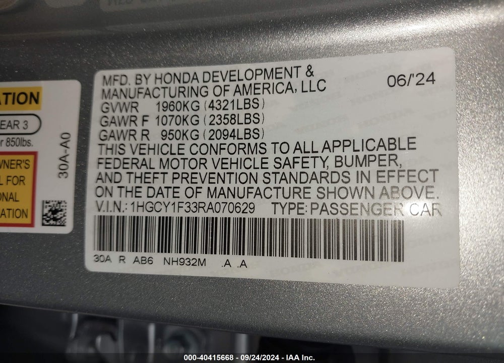 2024 HONDA ACCORD EX VIN: 1HGCY1F33RA070629