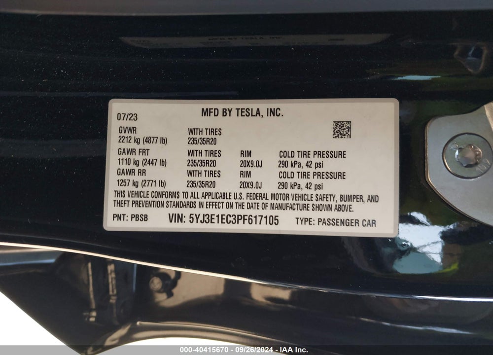 2023 TESLA MODEL 3 PERFORMANCE DUAL MOTOR ALL-WHEEL DRIVE VIN: 5YJ3E1EC3PF617105