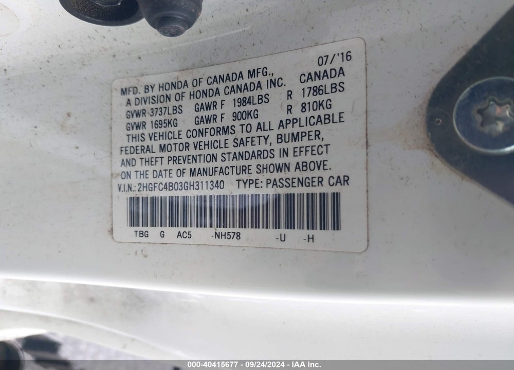2016 HONDA CIVIC VIN: 2HGFC4B03GH311340