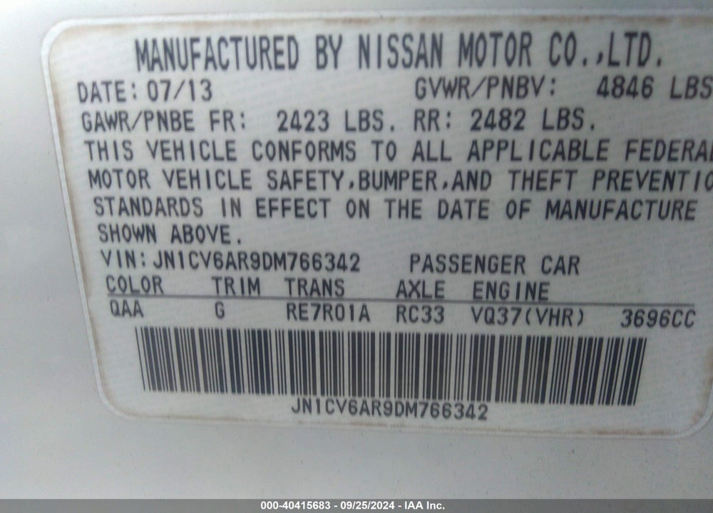 2013 INFINITI G37X VIN: JN1CV6AR9DM766342