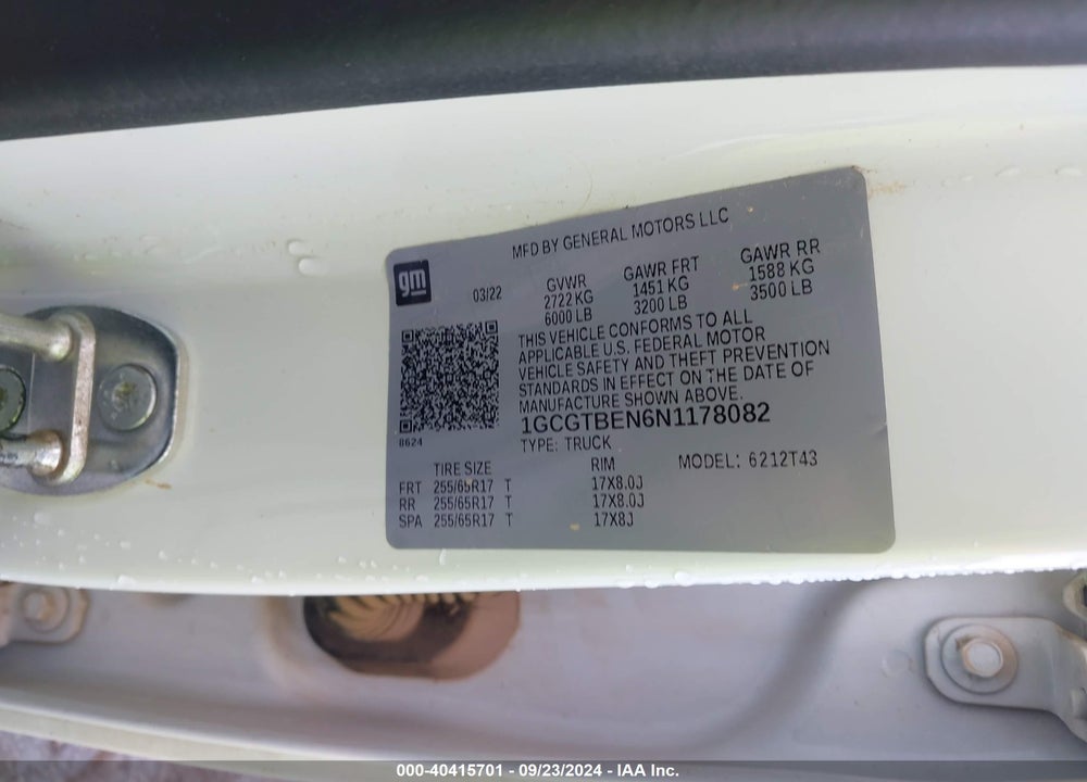 2022 CHEVROLET COLORADO VIN: 1GCGTBEN6N1178082