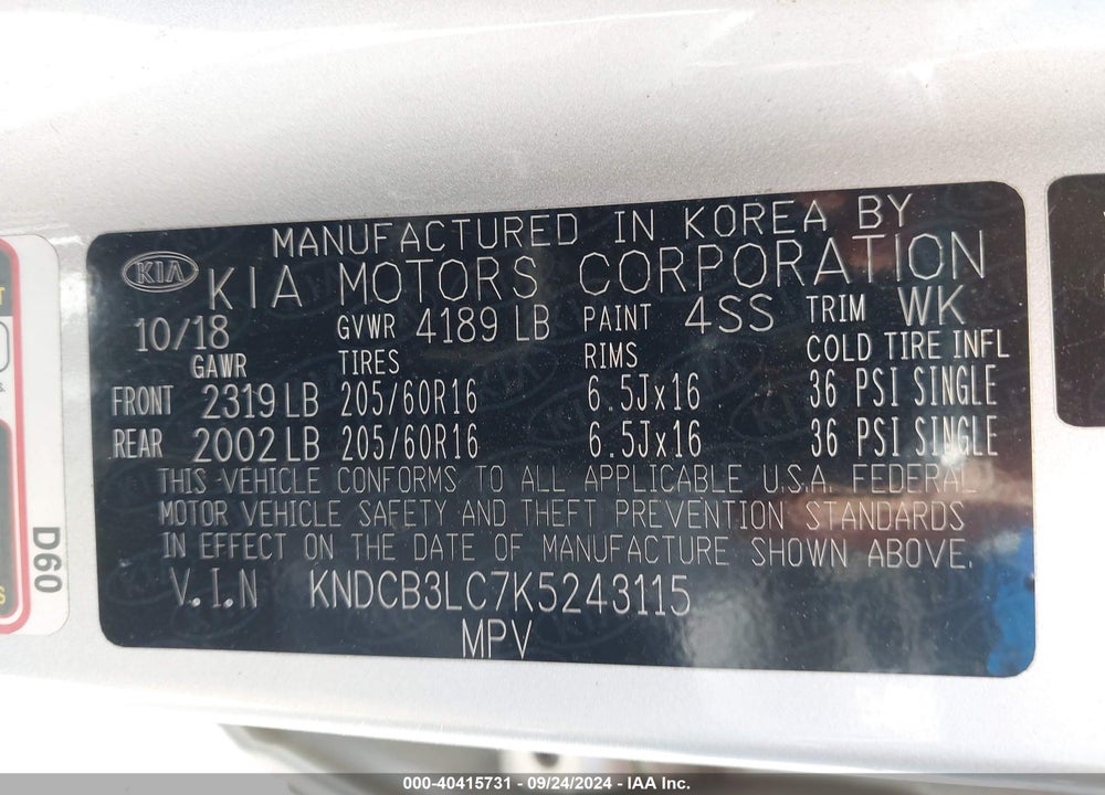 2019 KIA NIRO LX VIN: KNDCB3LC7K5243115